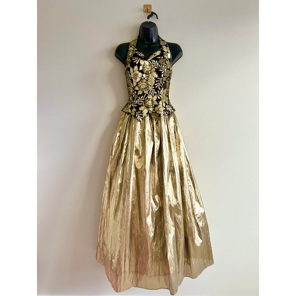 Vintage 80s Gunne Sax Metallic Brocade Halter Ball Gown Holiday Formal Size 3/4